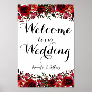 Red Fall Autumn Floral Wedding Welcome Sign