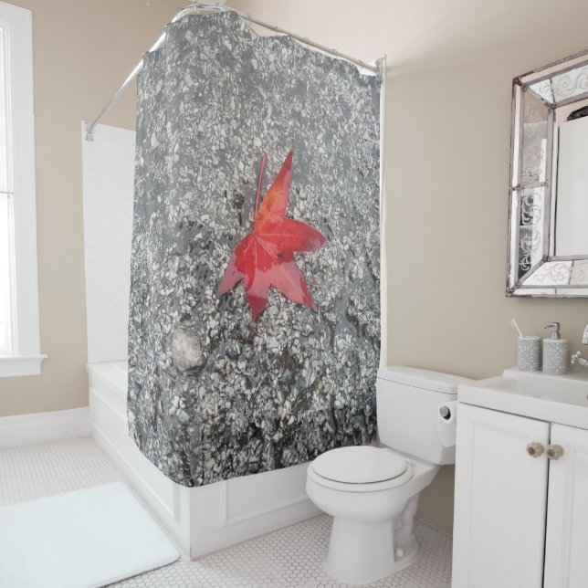 Red fall leaf in rain on grey textured road shower curtain (In Situ)