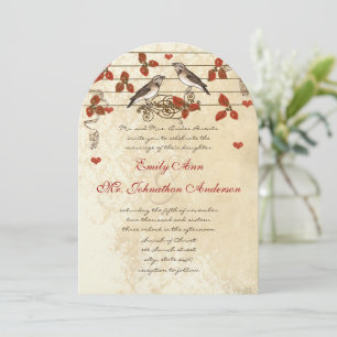 Red Fall Leaf Vintage Lovebird Wedding Invitation