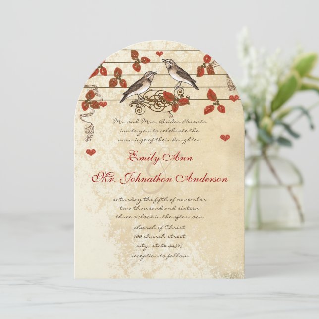 Red Fall Leaf Vintage Lovebird Wedding Invitation (Standing Front)