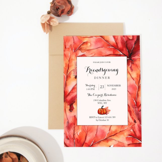 Red Fall Leaves Pumpkin Thanksgiving Invitation (Creator Uploaded)
