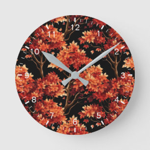 Red Fall Maple Tree Seamless Pattern Graphic Round Clock