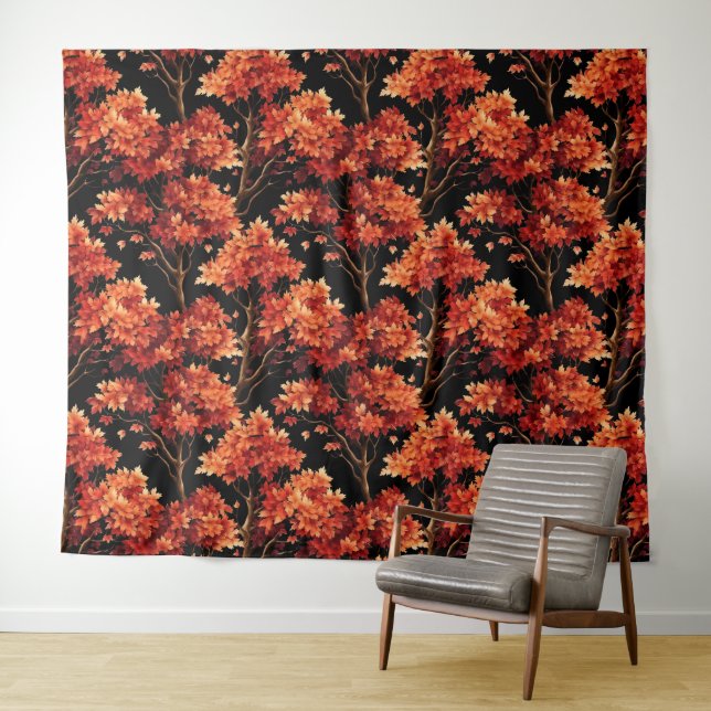 Red Fall Maple Tree Seamless Pattern Graphic Tapestry (In Situ (Horizontal))