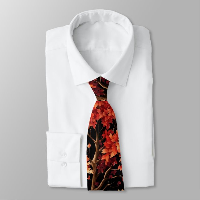 Red Fall Maple Tree Seamless Pattern Graphic Tie (Tied)