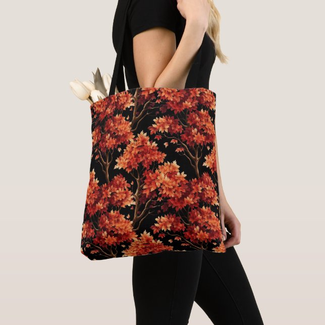 Red Fall Maple Tree Seamless Pattern Graphic Tote Bag (Close Up)