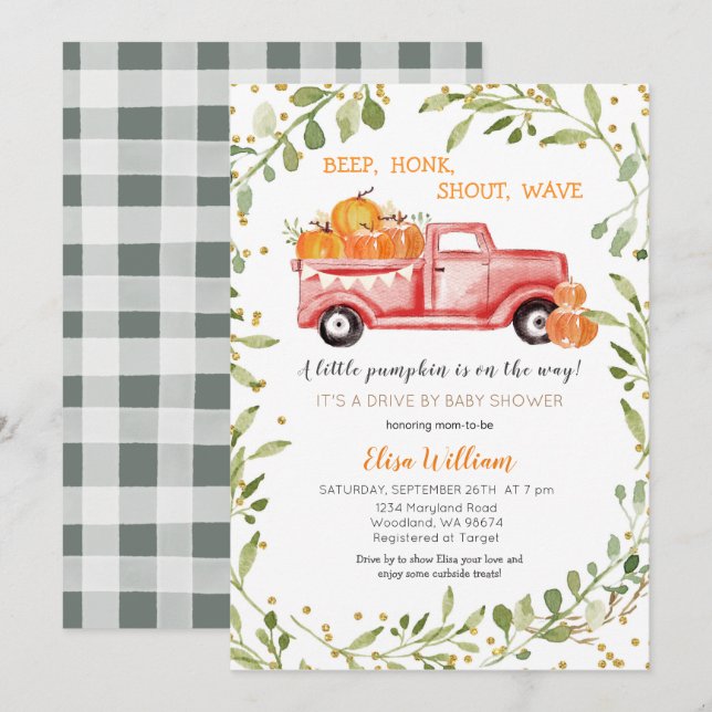 Red Fall Pumpkin Truck Drive by Baby Shower Invitation (Front/Back)