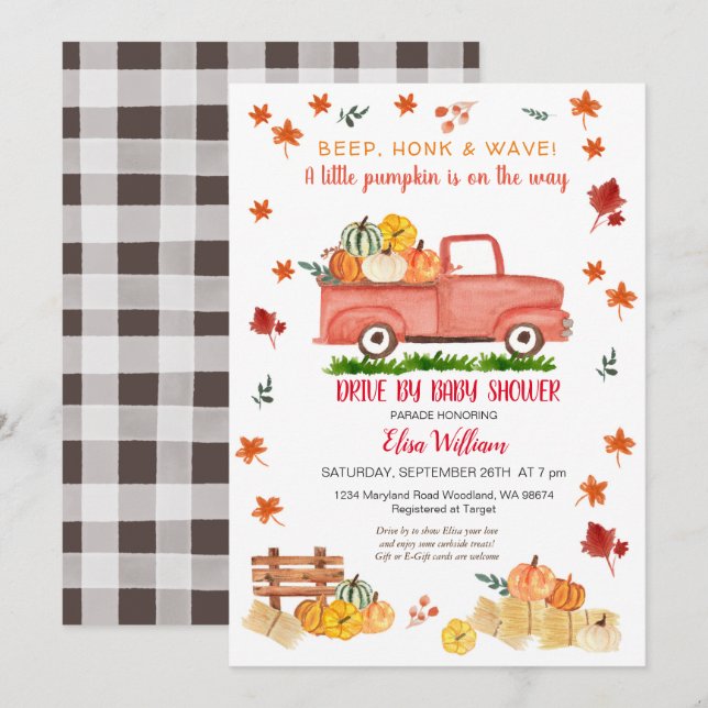 Red Fall Truck Pumpkin Autumn Drive By Baby Shower Invitation (Front/Back)