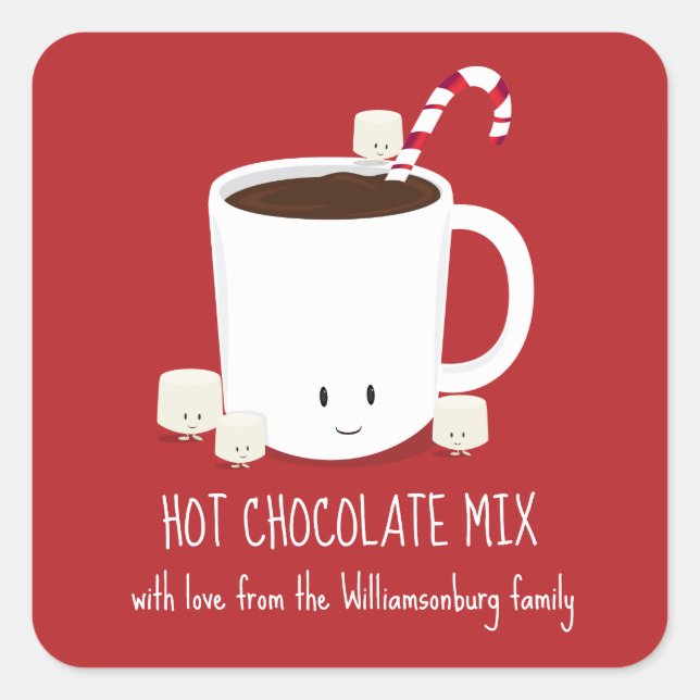 Red Family Name Hot Chocolate Mix Christmas Square Sticker (Front)