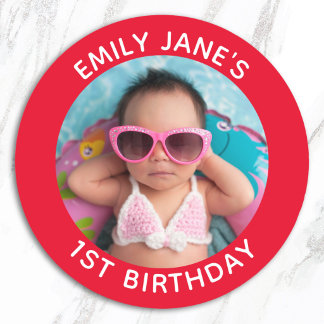 Red Family Photo 1st Birthday Favour Classic Round Sticker