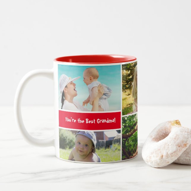 Red Family Photo Collage Personalised Custom Two-Tone Coffee Mug (With Donut)
