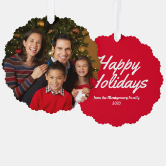 Red Family Photo Happy Holidays Tree Decoration Card
