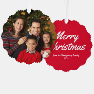 Red Family Photo Merry Christmas Tree Decoration Card