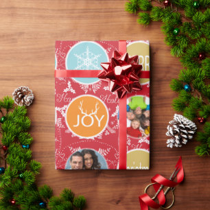 Red Family Photo Reindeer Christmas Merry Bright Wrapping Paper