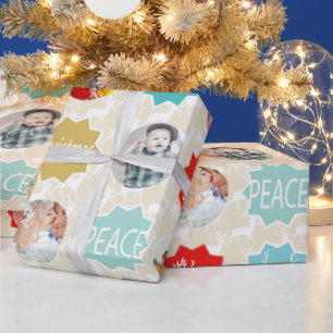 Red Family Photo Reindeer Christmas Merry Bright Wrapping Paper