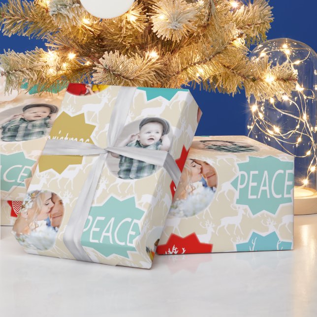 Red Family Photo Reindeer Christmas Merry Bright Wrapping Paper (Holidays)