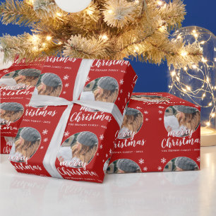 Red Family Photo Snowflake Merry Christmas Wrapping Paper