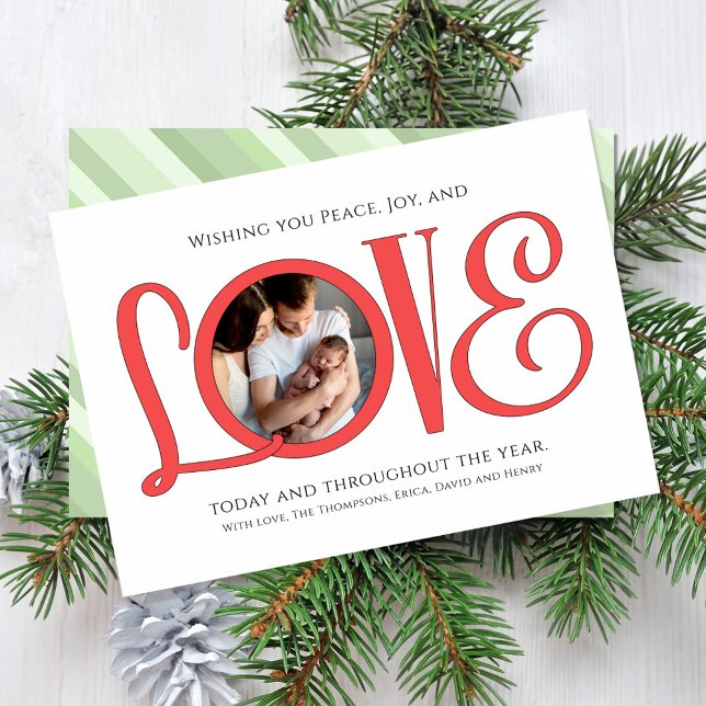 Red Family Photo Typography Christmas  Holiday Card (Christmas holiday "Love" typography greeting card with photo template. )