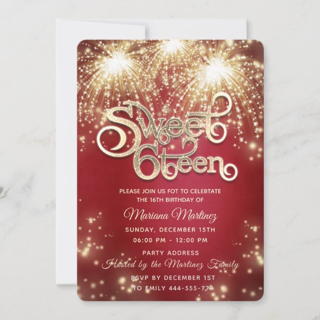 Red fancy elegant firework gold sparkle  invitation (Front)