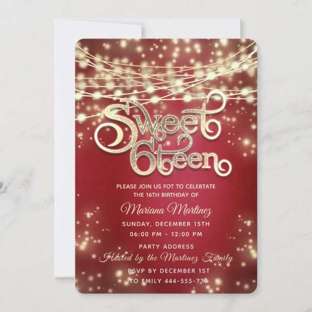Red fancy elegant String lights gold sparkle  Invitation (Front)