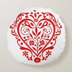 Red Fancy Heart Round Cushion