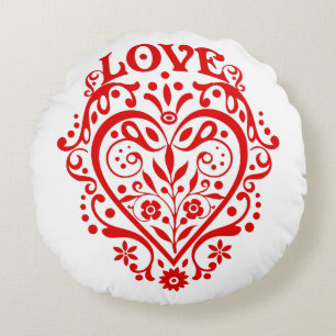Red Fancy Love Heart Round Cushion