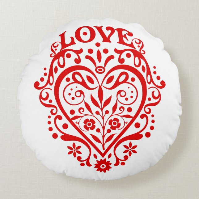 Red Fancy Love Heart Round Cushion (Front)
