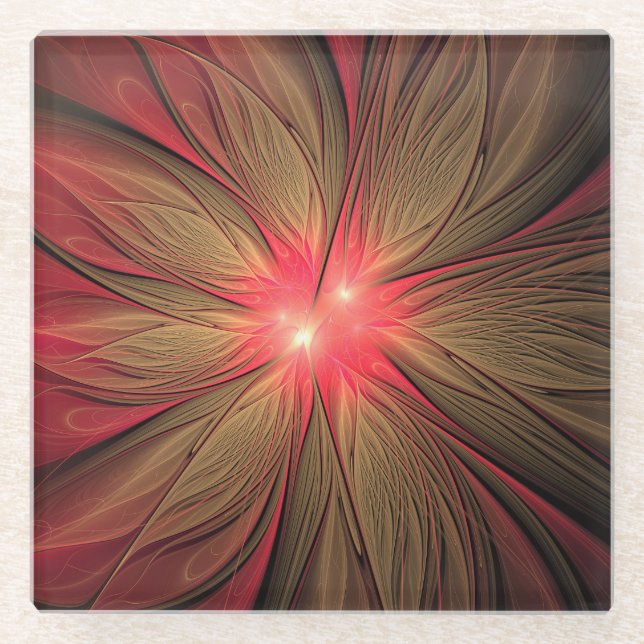 Red fansy fractal flower glass coaster (Front)