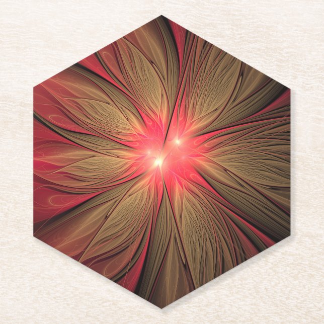 Red fansy fractal flower  paper coaster (Front)