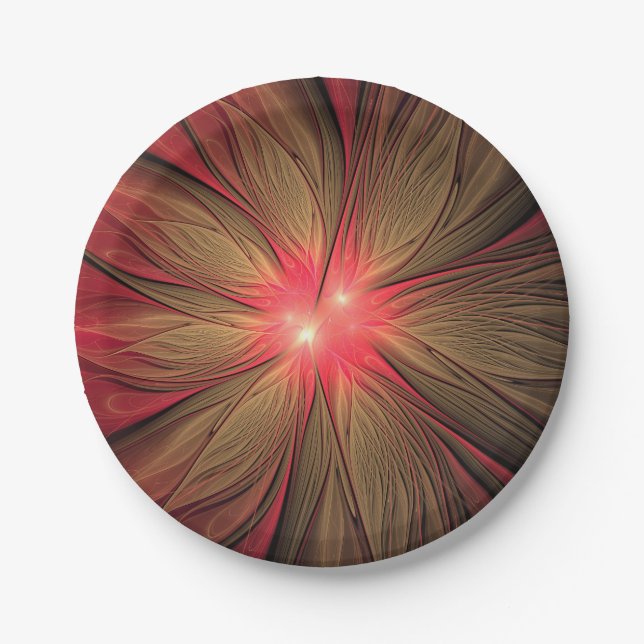 Red fansy fractal flower  paper plate (Front)