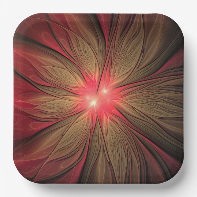 Red fansy fractal flower  paper plate (Front)