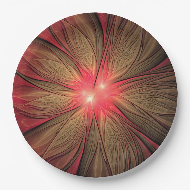 Red fansy fractal flower paper plate (Front)