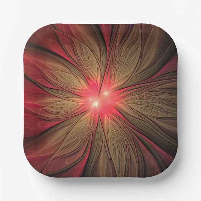 Red fansy fractal flower  paper plate (Front)