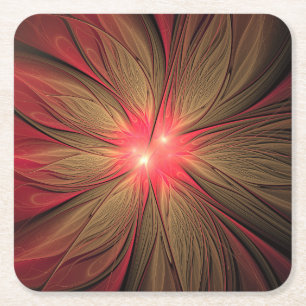 Red fansy fractal flower square paper coaster