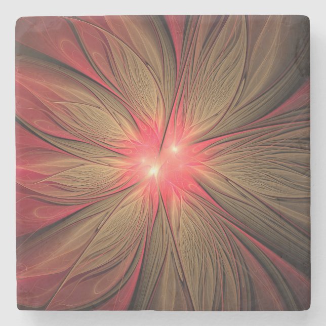 Red fansy fractal flower   stone coaster (Front)