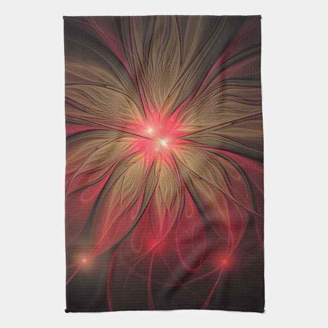 Red fansy fractal flower  tea towel (Vertical)