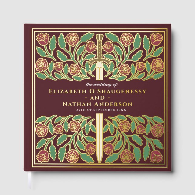 Red Fantasy Royal Mediaeval Sword Wedding Guest Book (Front)