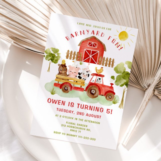 Red Farm animals 5th birthday party Invitation (Creator Uploaded)