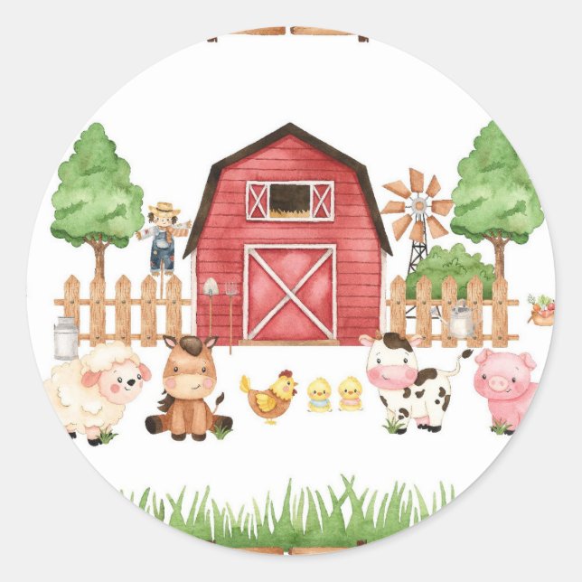 Red Farm Animals Baby Shower Classic Round Sticker (Front)