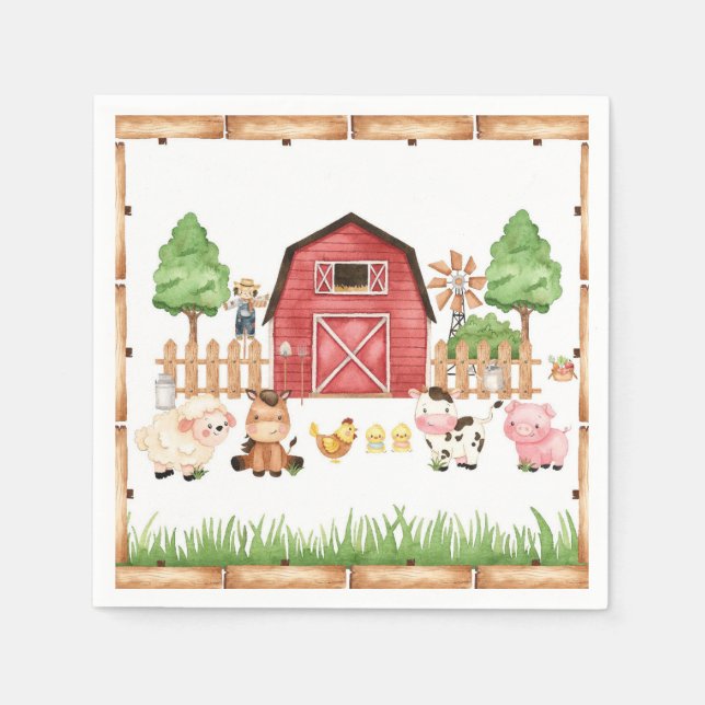 Red Farm Animals Baby Shower Napkin (Front)