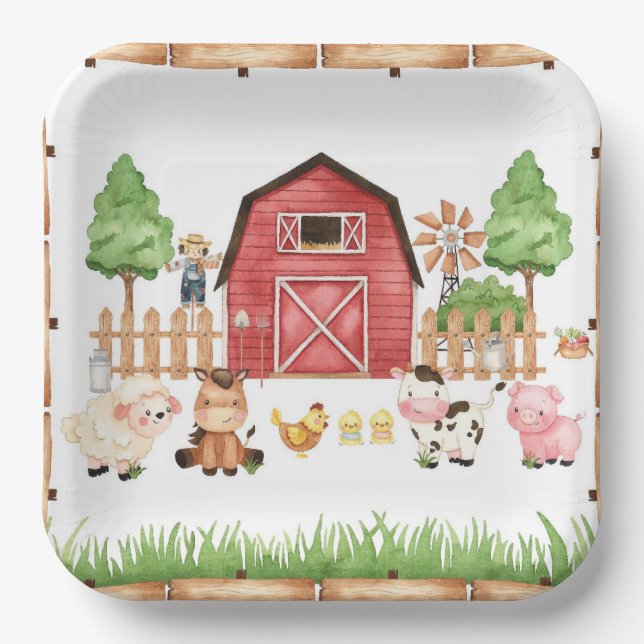 Red Farm Animals Baby Shower Paper Plate (Front)