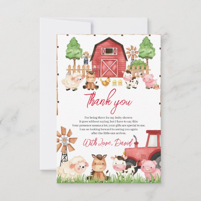 Red Farm Animals Baby Shower Thank You Card (Front)