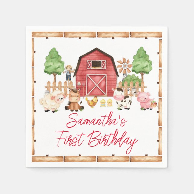 Red Farm Animals Birthday Party Napkin (Front)