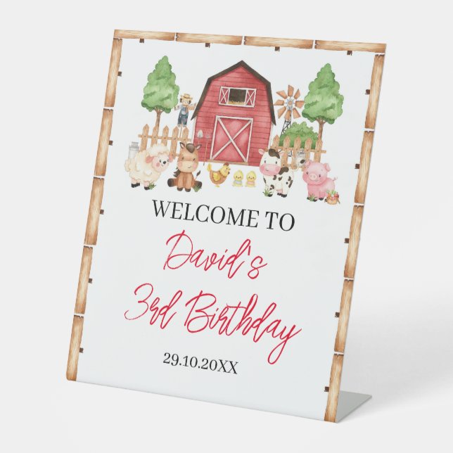 Red Farm Animals Birthday Party Pedestal Sign (Front)