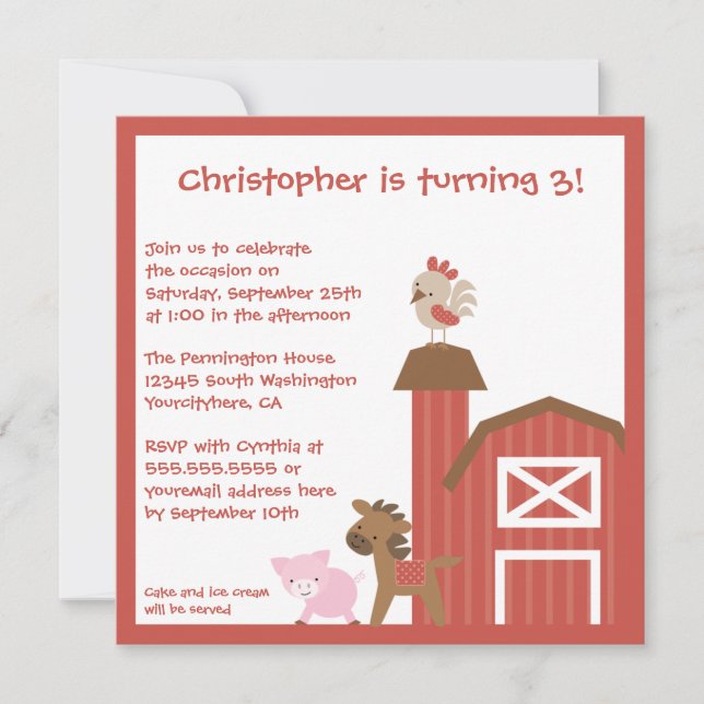 Red farm animals boy's birthday party invitation (Front)