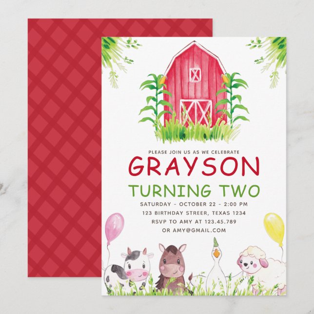 Red Farm House Animals Watercolor  Birthday Invitation (Front/Back)