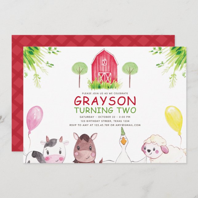 Red Farm House Watercolor  Birthday Invitation (Front/Back)