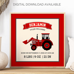 Red Farm Tractor Baby Birth Stats Poster