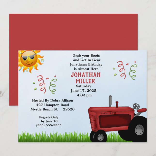 Red Farm Tractor Birthday Party Invitation (Front/Back)