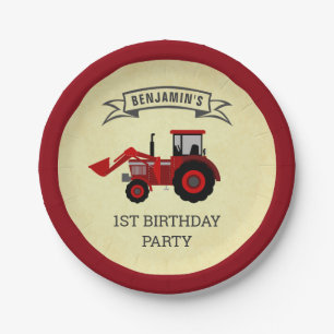 Red Farm Tractor Kids Birthday Party Paper Plate