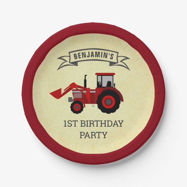 Red Farm Tractor Kids Birthday Party Paper Plate (Front)